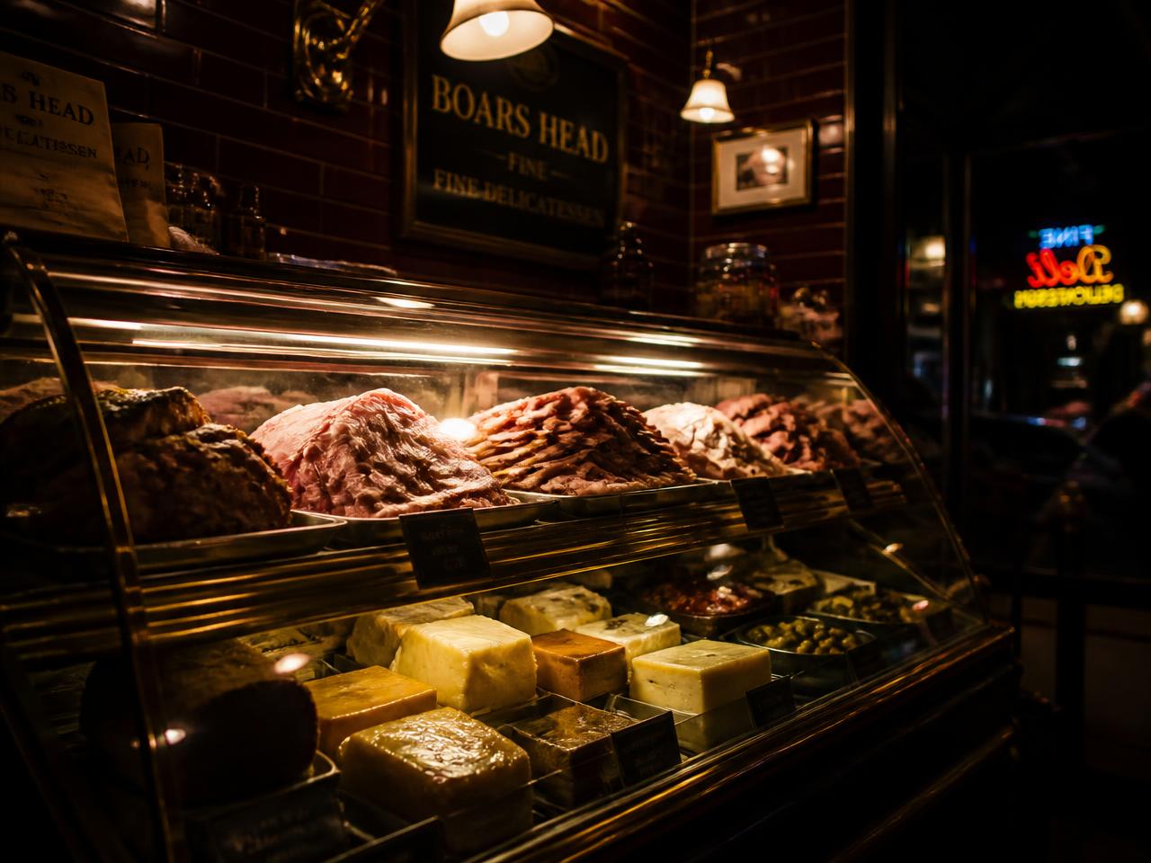 Backlit deli case with sliced roast beef, cheeses and olives